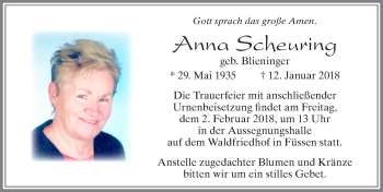 Traueranzeige von Anna Scheuring von Allgäuer Zeitung, Füssen