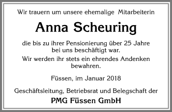 Traueranzeige von Anna Scheuring von Allgäuer Zeitung, Füssen