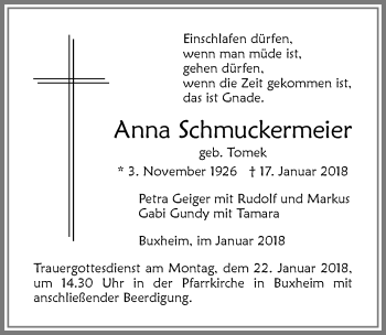 Traueranzeige von Anna Schmuckermeier von Memminger Zeitung