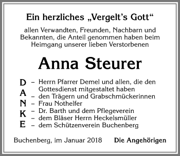 Traueranzeige von Anna Steurer von Allgäuer Zeitung,Kempten