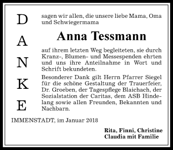 Traueranzeige von Anna Tessmann von Allgäuer Anzeigeblatt