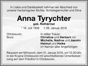 Traueranzeige von Anna Tyrychter von Memminger Zeitung