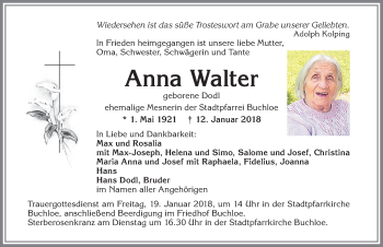 Traueranzeige von Anna Walter von Allgäuer Zeitung, Kaufbeuren/Buchloe