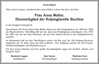 Traueranzeige von Anna Walter von Allgäuer Zeitung, Kaufbeuren/Buchloe