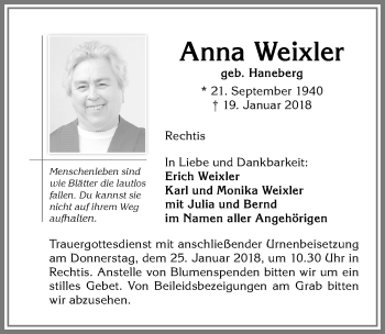 Traueranzeige von Anna Weixler von Allgäuer Zeitung,Kempten