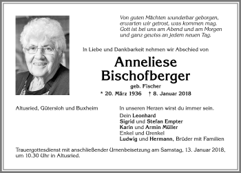 Traueranzeige von Anneliese Bischofberger von Allgäuer Zeitung,Kempten
