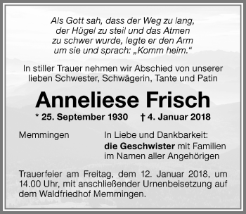 Traueranzeige von Anneliese Frisch von Memminger Zeitung