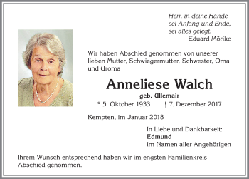 Traueranzeige von Anneliese Walch von Allgäuer Zeitung,Kempten