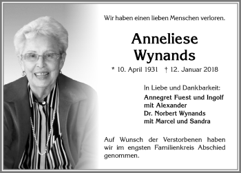 Traueranzeige von Anneliese Wynands von Allgäuer Zeitung,Kempten
