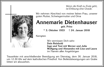 Traueranzeige von Annemarie Dietenhauser von Allgäuer Zeitung,Kempten