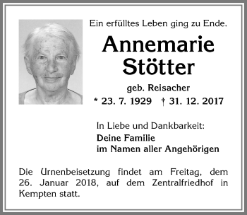 Traueranzeige von Annemarie Stötter von Allgäuer Zeitung,Kempten