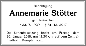 Traueranzeige von Annemarie Stötter von Allgäuer Zeitung,Kempten