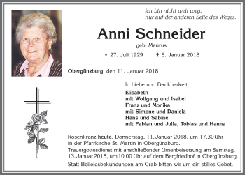 Traueranzeige von Anni Schneider von Allgäuer Zeitung, Marktoberdorf