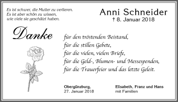 Traueranzeige von Anni Schneider von Allgäuer Zeitung, Marktoberdorf