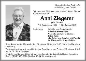 Traueranzeige von Anni Ziegerer von Allgäuer Zeitung,Kempten