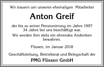 Traueranzeige von Anton Greif von Allgäuer Zeitung, Füssen