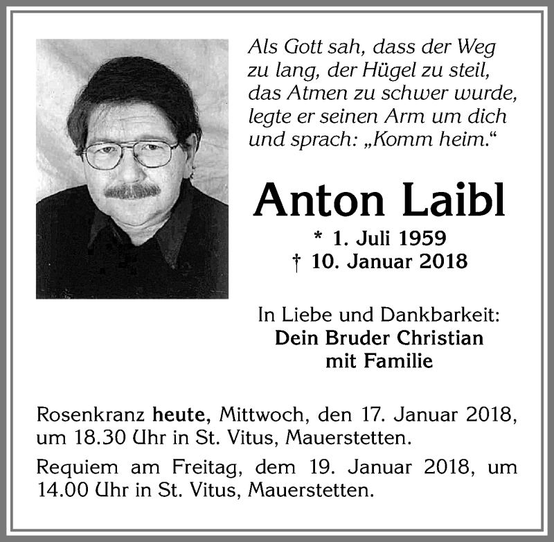  Traueranzeige für Anton Laibl vom 17.01.2018 aus Allgäuer Zeitung, Kaufbeuren/Buchloe