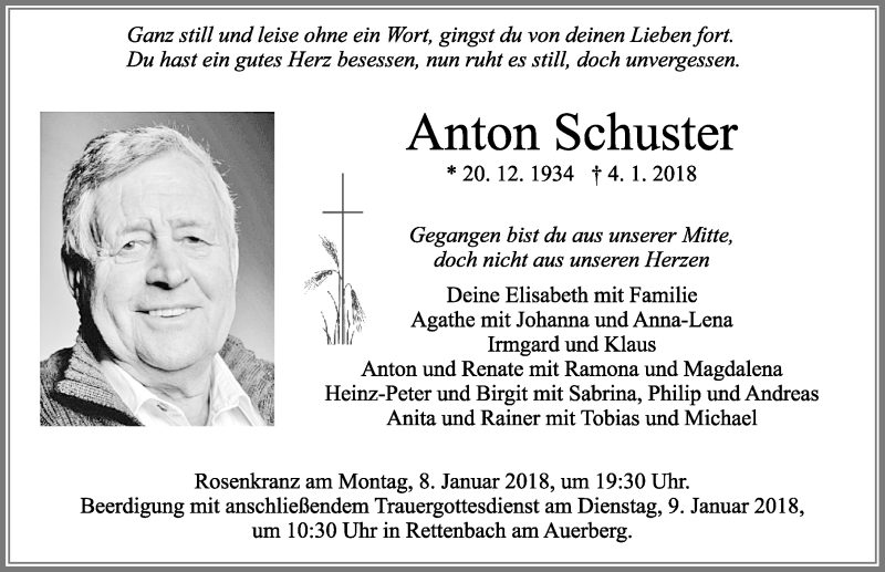  Traueranzeige für Anton Schuster vom 08.01.2018 aus Allgäuer Zeitung, Marktoberdorf