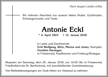 Traueranzeige von Antonie Eckl von Allgäuer Zeitung