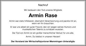Traueranzeige von Armin Rase von Memminger Zeitung