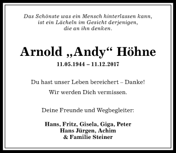 Traueranzeige von Arnold  Höhne von Allgäuer Anzeigeblatt