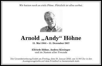 Traueranzeige von Arnold  Höhne von Allgäuer Anzeigeblatt