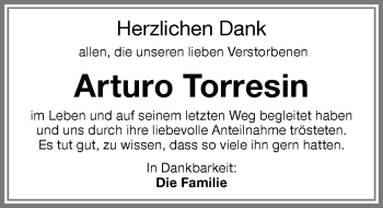 Traueranzeige von Arturo Torresin von Memminger Zeitung