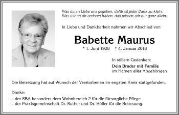 Traueranzeige von Babette Maurus von Allgäuer Zeitung,Kempten