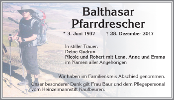 Traueranzeige von Balthasar Pfarrdrescher von Allgäuer Zeitung, Kaufbeuren/Buchloe