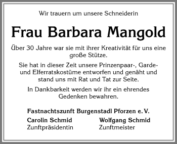 Traueranzeige von Barbara Mangold von Allgäuer Zeitung, Kaufbeuren/Buchloe