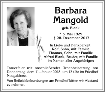 Traueranzeige von Barbara Mangold von Allgäuer Zeitung, Kaufbeuren/Buchloe