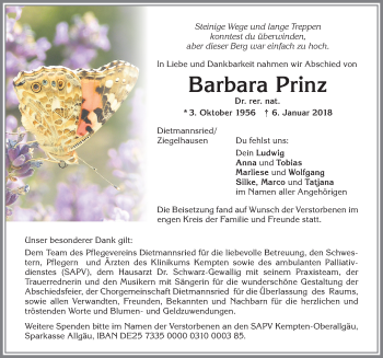 Traueranzeige von Barbara Prinz von Allgäuer Zeitung,Kempten
