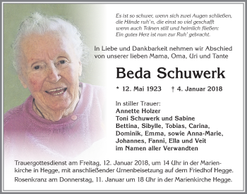 Traueranzeige von Beda Schuwerk von Allgäuer Zeitung,Kempten
