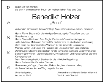 Traueranzeige von Benedikt Holzer von Der Westallgäuer