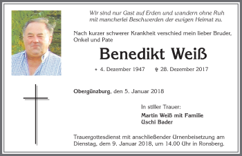 Traueranzeige von Benedikt Weiß von Allgäuer Zeitung, Marktoberdorf