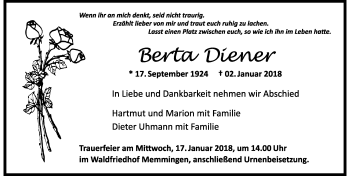 Traueranzeige von Berta Diener von Memminger Zeitung