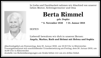 Traueranzeige von Berta Rimmel von Allgäuer Anzeigeblatt