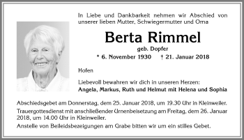Traueranzeige von Berta Rimmel von Allgäuer Zeitung,Kempten