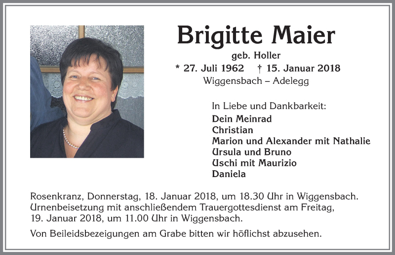  Traueranzeige für Brigitte Maier vom 17.01.2018 aus Allgäuer Zeitung,Kempten