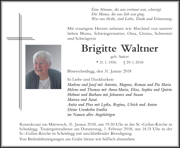 Traueranzeige von Brigitte Waltner von Der Westallgäuer