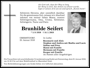 Traueranzeige von Brunhilde Seifert von Allgäuer Anzeigeblatt