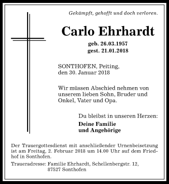 Traueranzeige von Carlo Ehrhardt von Allgäuer Anzeigeblatt