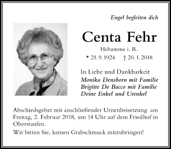 Traueranzeige von Centa Fehr von Der Westallgäuer