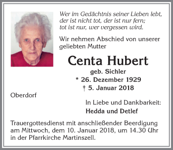 Traueranzeige von Centa Hubert von Allgäuer Zeitung,Kempten