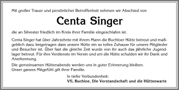 Traueranzeige von Centa Singer von Allgäuer Zeitung, Kaufbeuren/Buchloe