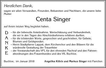 Traueranzeige von Centa Singer von Allgäuer Zeitung, Kaufbeuren/Buchloe
