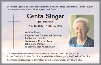 Traueranzeige von Centa Singer von Allgäuer Zeitung, Kaufbeuren/Buchloe