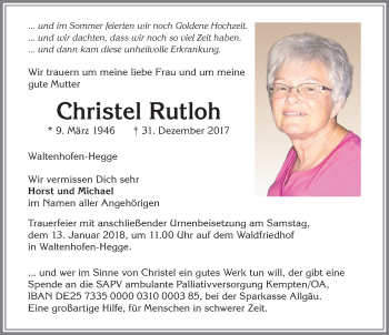 Traueranzeige von Christel Rutloh von Allgäuer Zeitung,Kempten