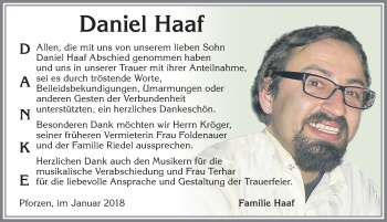 Traueranzeige von Daniel Haaf von Allgäuer Zeitung, Kaufbeuren/Buchloe