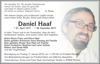 Traueranzeige von Daniel Haaf von Allgäuer Zeitung, Kaufbeuren/Buchloe